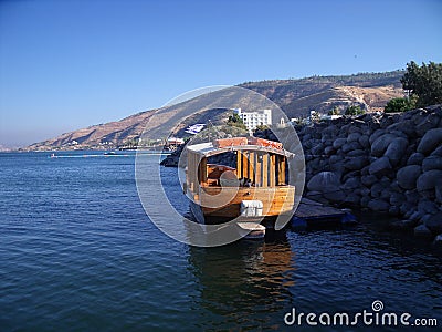Boat on The Sea of Galilee, Kinneret, Lake of Gennesaret, or Lake Tiberias Stock Photo
