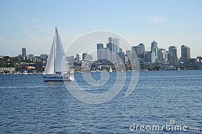 Boat with Seattle skyline Stock Photo