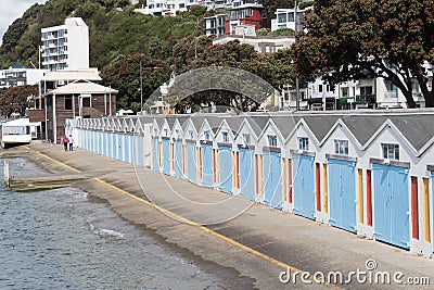 Boat sheds at Clyde Quay Marina boat harbour, Wellington, New Zealand Editorial Stock Photo