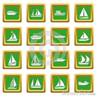 Boat and ship icons set green Vector Illustration