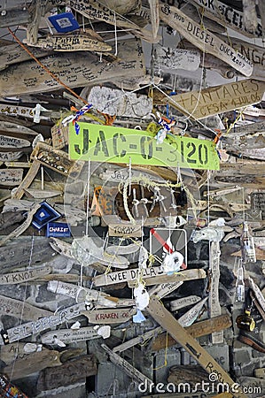 Boat signs hanging in an old building, Wallace Island, Gulf Islands, British Columbia Editorial Stock Photo