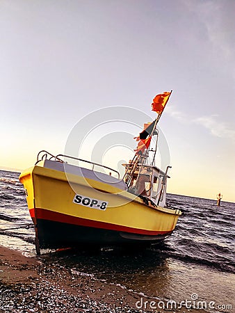 Boat standing on the shore, Sopot, Poland Editorial Stock Photo