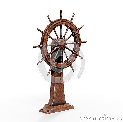 The boat steering wheel is surrounded by Pirate ship, card chest, cannon and compass on the beach.-3d rendering Stock Photo