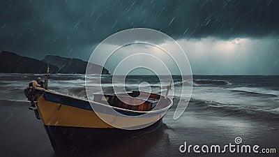 boat in the storm During a heavy storm with rain, a fishing boat comes back from the sea Stock Photo
