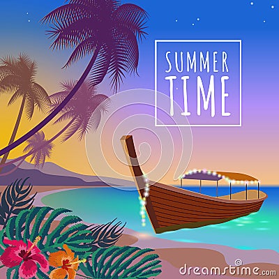 Boat sunset sea summer vacation. Romantic travel leisure sandy coast pink sunset sky. Palm beach ocean shore illustration b Cartoon Illustration
