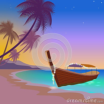 Boat sunset sea vacation. Romantic date wedding travel leisure sandy coast pink sunset sky. Palm beach ocean shore Vector Illustration