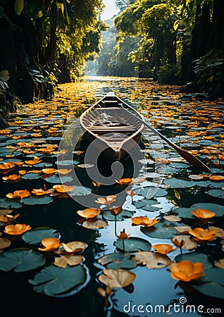 A boat surrounded by lotus lily pads Stock Photo