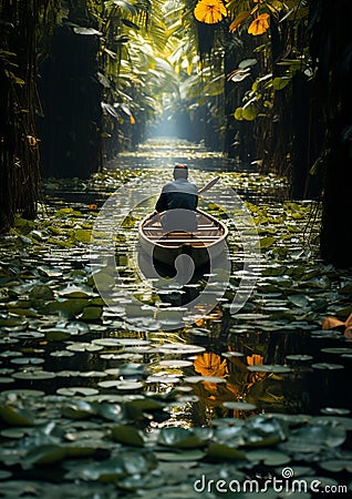 A boat surrounded by lotus lily pads Stock Photo