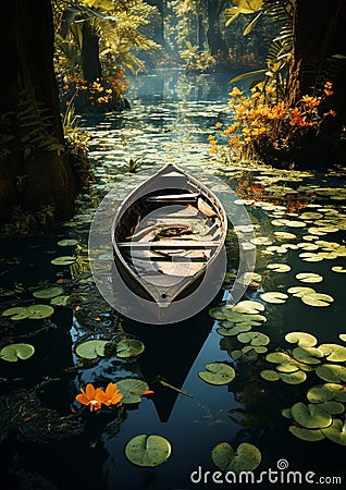A boat surrounded by lotus lily pads Stock Photo