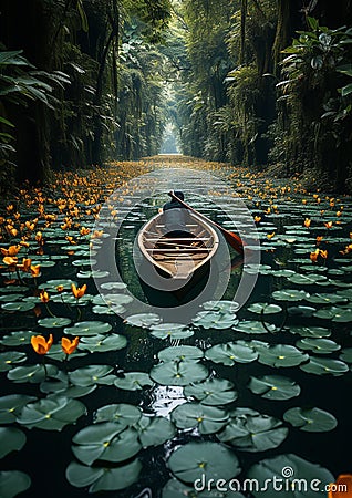 A boat surrounded by lotus lily pads Stock Photo