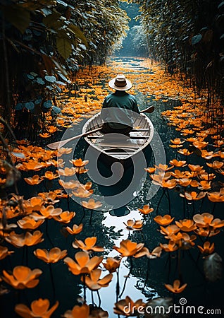 A boat surrounded by lotus lily pads Stock Photo