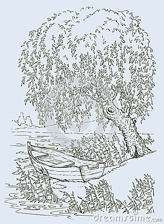 Boat under the willow Vector Illustration