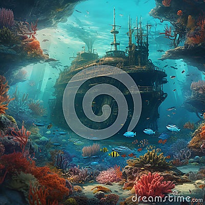 Underwater ship wreck. AI Generated Stock Photo