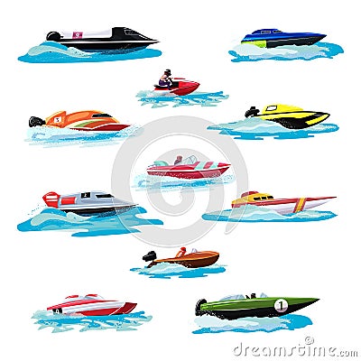 Boat vector speed motorboat yacht traveling in ocean illustration nautical set of summer vacation on motorized boat Vector Illustration