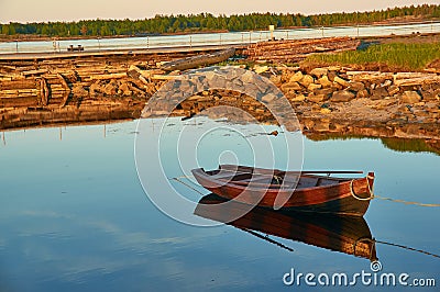 Boat in the village of Rabocheostrovsk, Russia. White Sea Stock Photo