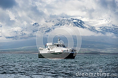 Boat waiting for Whales, Eyjafjordur Iceland Stock Photo