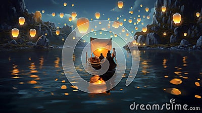 boat water night lamp travel light celebration river festival lantern. Generative AI. Stock Photo