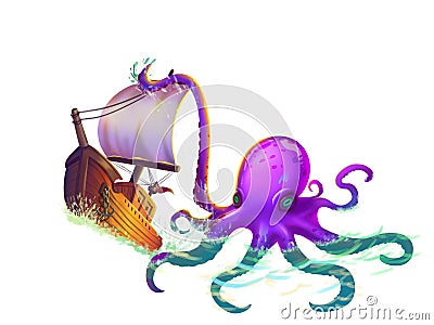 The Boat Wrapped in the Octopus Tentacles on the Sea Stock Photo