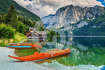 Boathouse and wooden boats on the lake,Altaussee,Salzkammergut,Austria Stock Photo