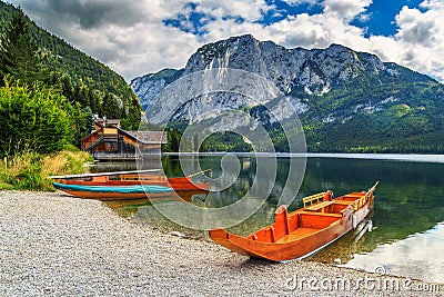 Boathouse and wooden boats on the lake,Altaussee,Salzkammergut,Austria Stock Photo