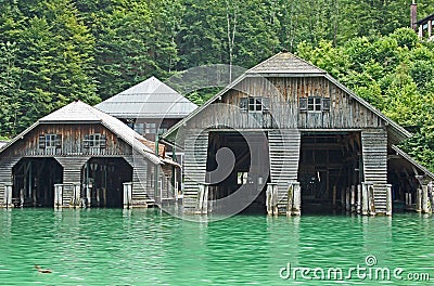 Boathouses at the Koenigssee lake close to Berchtesgaden Stock Photo