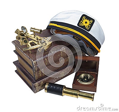 Boating Books Captain Hat Sextant Telescope Stock Photo