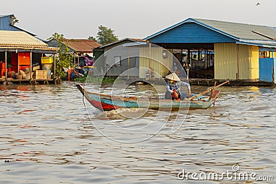 Boating past floating fishing village of Tonle Sap River in Cambodia Editorial Stock Photo
