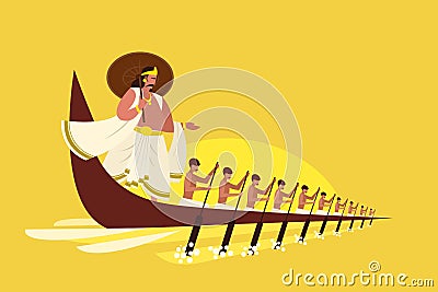 Mythical king of Kerala `Mahabali` leading a traditional snake boat team in Kerala Vector Illustration