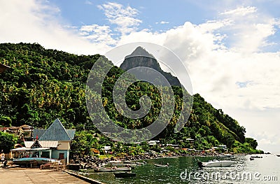 Boats anchored at the harbor of Soufriere Editorial Stock Photo