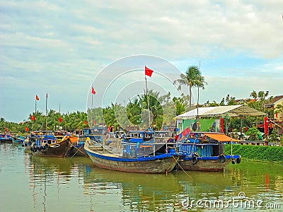 Boats anchored in Hoi An, an ancient trading port city in central Vietnam Editorial Stock Photo