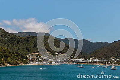 Boats anchored at Picton marina in New Zealand Stock Photo