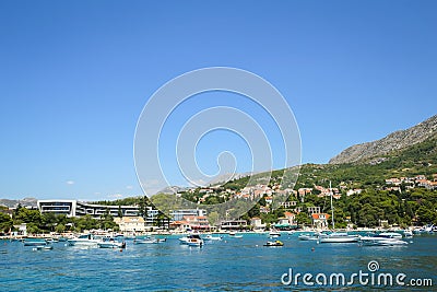 Boats anchored at Srebreno seaside Editorial Stock Photo