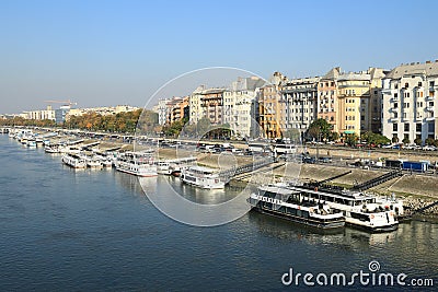 Boats anchoring on Danube bank in Budapest Editorial Stock Photo