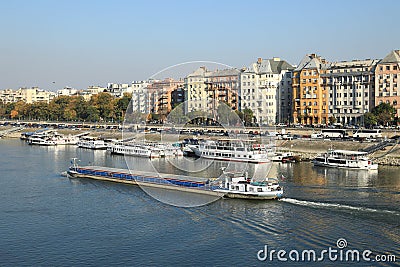 Boats anchoring on Danube bank in Budapest Editorial Stock Photo