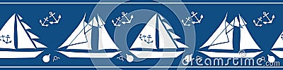 Boats, anchors, buoys vector seamless border. Navy blue white banner with yachts and sailing equipment tools and striped Vector Illustration