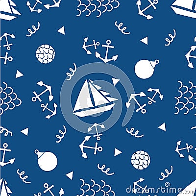 Boats, anchors, buoys vector seamless pattern background. Blue white backdrop with yachts, sailing equipment, scribbled Vector Illustration