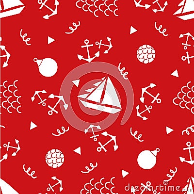 Boats, anchors, buoys vector seamless pattern background. Red white backdrop with yachts, sailing equipment, scribbled Vector Illustration