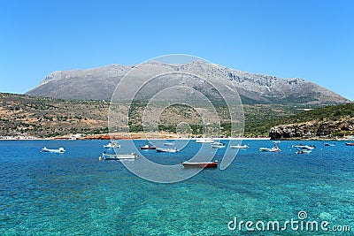 Boats in the bay near Caves of Diros Dirou, Greece Stock Photo