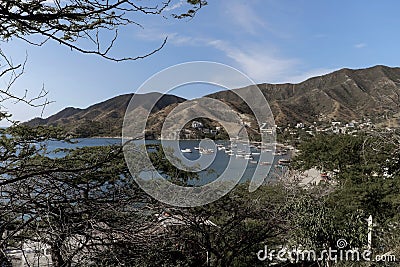 Boats in the bay in Taganga Colombia Stock Photo