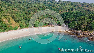 Boats in a bay at tropical island in Thailand. Aerial view. Drone photo. Lagoon.Ocean Editorial Stock Photo