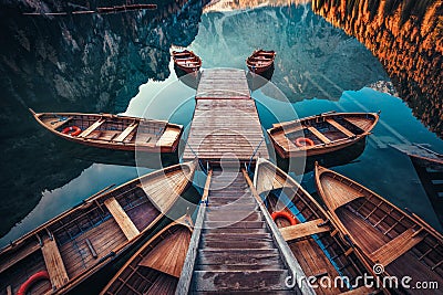 Boats on the Braies Lake Pragser Wildsee in Dolomites mounta Stock Photo