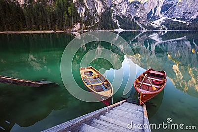 Boats on the Braies Lake Pragser Wildsee in Dolomites mounta Editorial Stock Photo