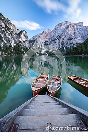 Boats on the Braies Lake Pragser Wildsee in Dolomites mounta Stock Photo