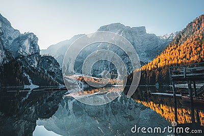 Boats on the Braies Lake Pragser Wildsee in Dolomites mountains Stock Photo