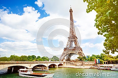 Boats, bridge Pont d`Iena and Eifel tower, Paris Stock Photo