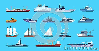 Boats. Cartoon nautical ships. Passenger or cargo vessels and warships. Side view of marine transport set. Brigantine Vector Illustration