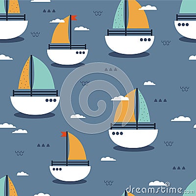 Boats, clouds, colorful marine seamless pattern. Decorative cute background Vector Illustration