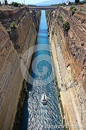 Boats in the Corinth Canal, Greece Stock Photo