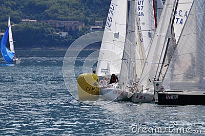 Boats cramming at a buoy of Trofeo Gorla 2012 Editorial Stock Photo