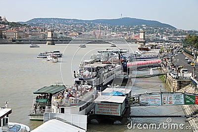 Boats at Danube river in Budapest, Hungary Editorial Stock Photo